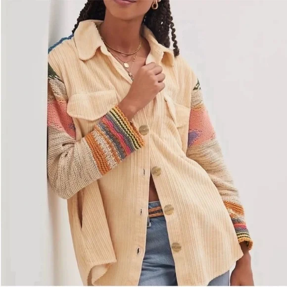 Anthropologie Pilcro Crochet Sleeve Multicolor Button Down Shacket Size M - Picture 2 of 16